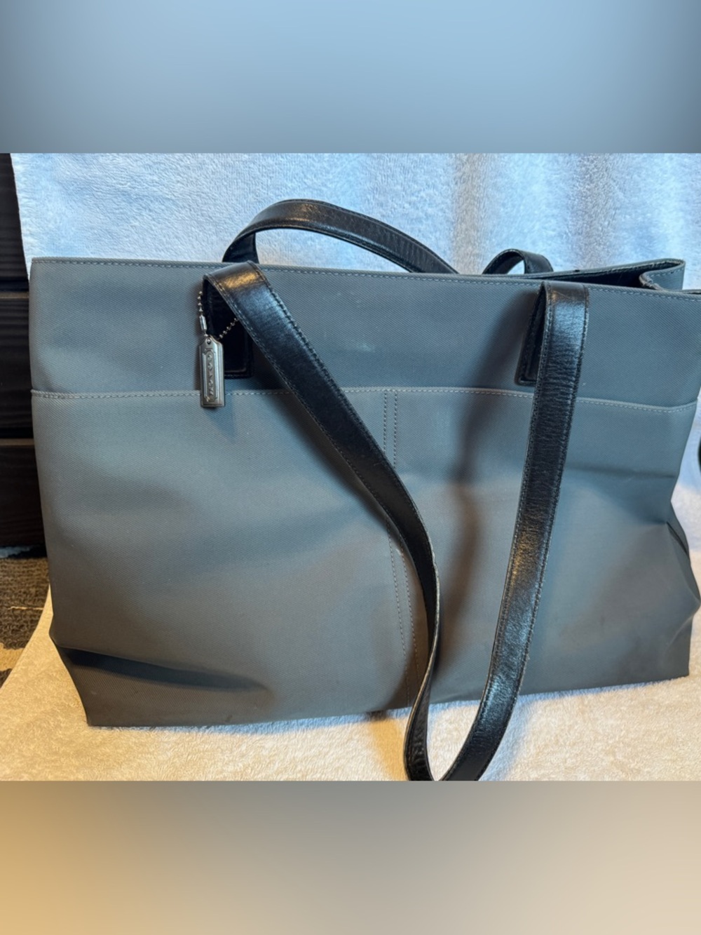 BROKEN Gray Coach Laptop Tote with Black Leather Straps